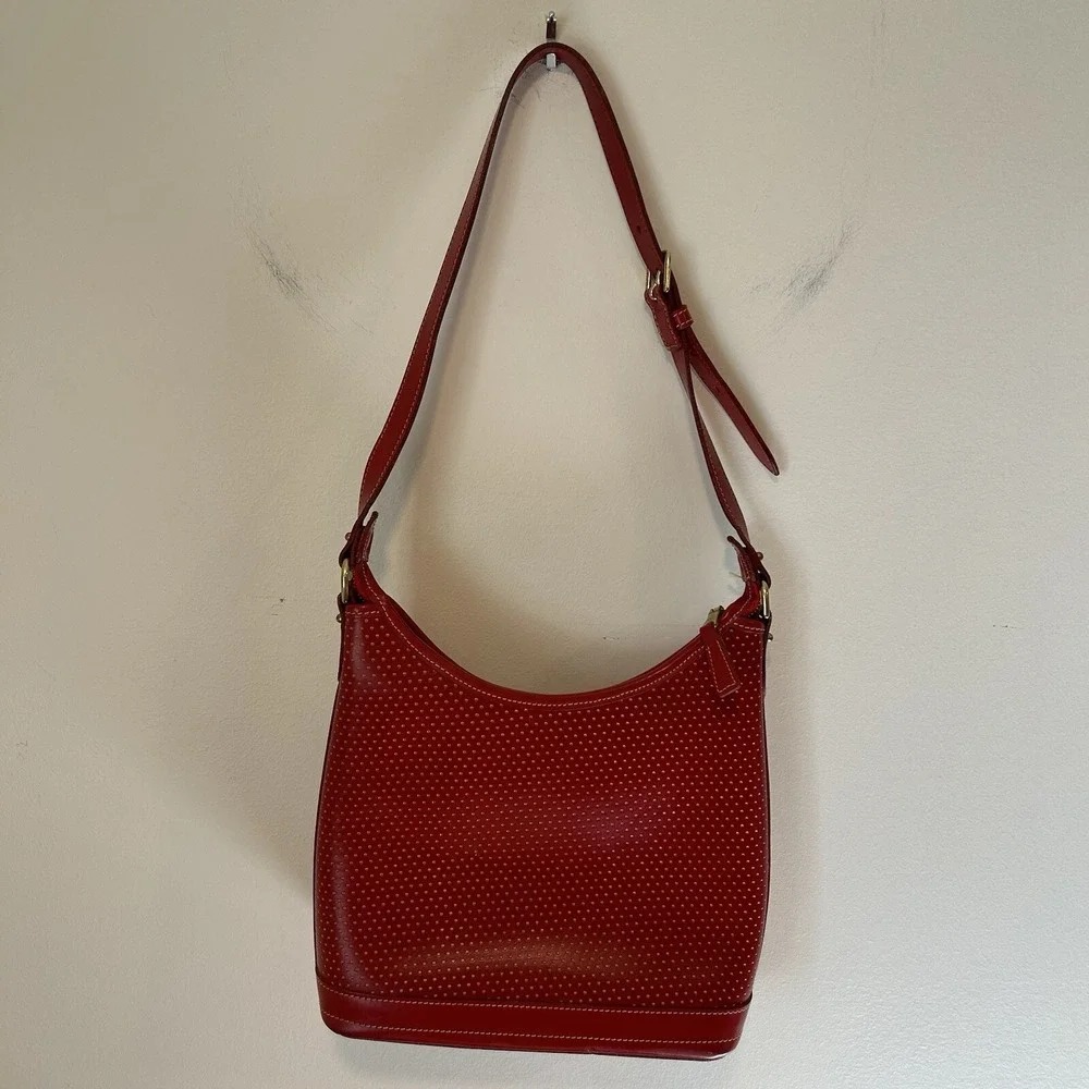 Dooney & Bourke Hobo Zip Top Red Perforated Leather Bag Footed Bottom EUC